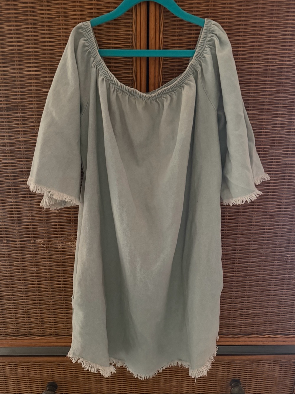 Off-Shoulder Sage Green Fringe Hem Women’s Dress